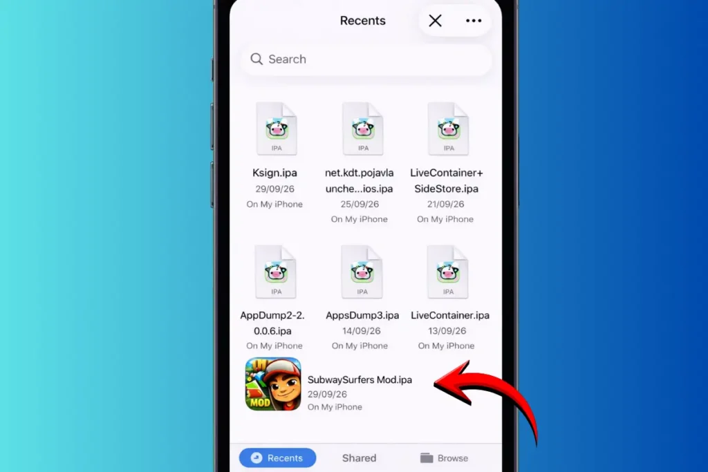 Subway Surfers Mod IPA file shown in iPhone Files app recents tab ready to install using AltStore iOS