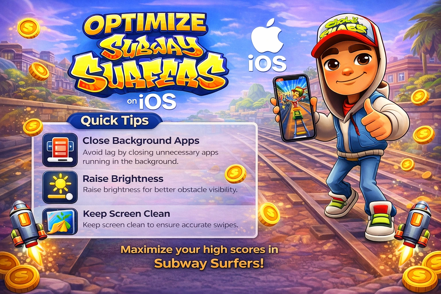 Subway Surfers iOS gameplay tips infographic for smoother runs, faster swipes, and higher scores on iPhone and iPad