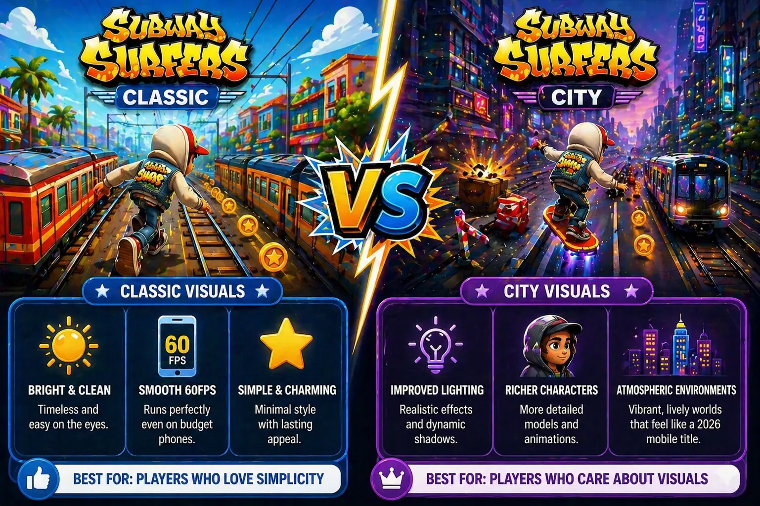 Comparison of Subway Surfers Classic and City graphics showing bright simple visuals vs modern lighting detailed characters and immersive environments