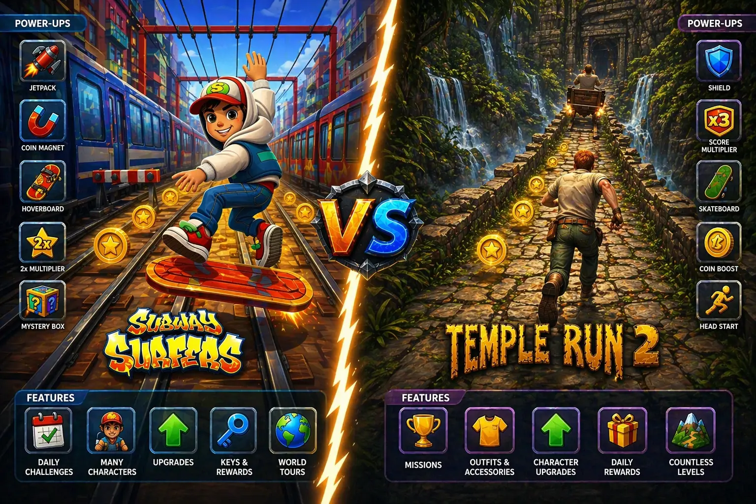 Subway Surfers vs Temple Run 2 3 Side-by-side comparison showing Subway Surfers power-ups like jetpack and magnet and Temple Run 2 features like mine cart and zip line gameplay