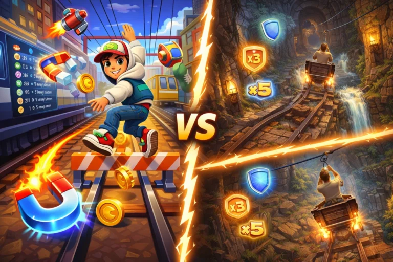Side-by-side comparison showing Subway Surfers power-ups like jetpack and magnet and Temple Run 2 features like mine cart and zip line gameplay