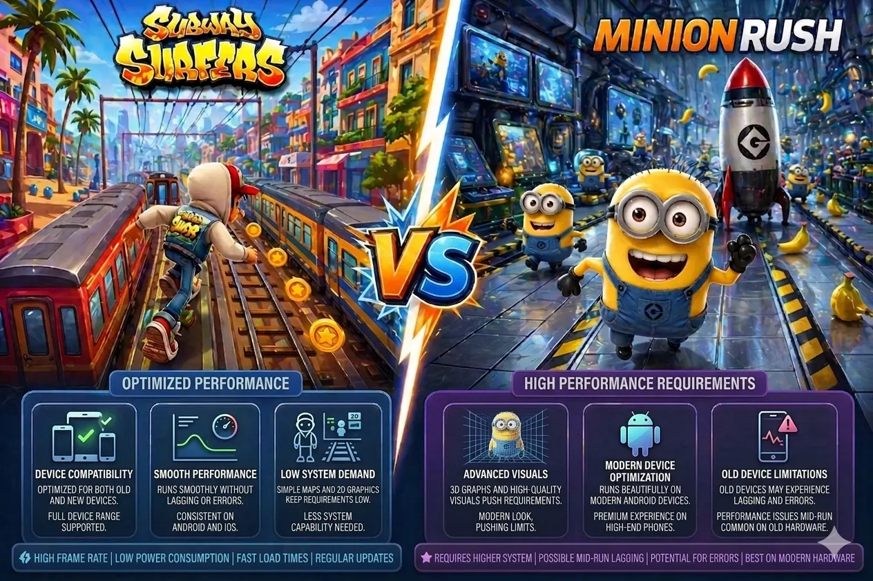Subway Surfers vs Minion Rush APK 5 devices gameplay comparison of Subway Surfers vs Minion Rush
