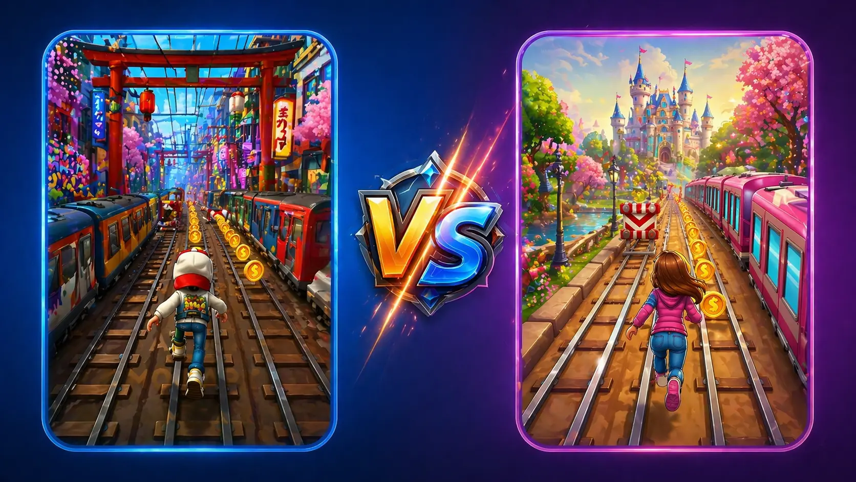 difference of subway surfers vs princess eunner game in graphic and visuals.