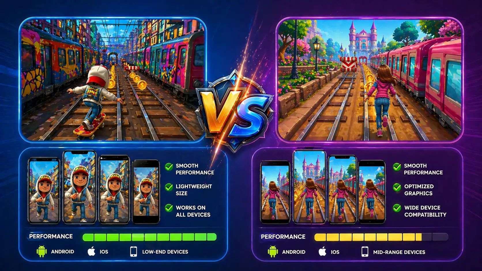 subway surfers vs princess runner apk on different devices.
