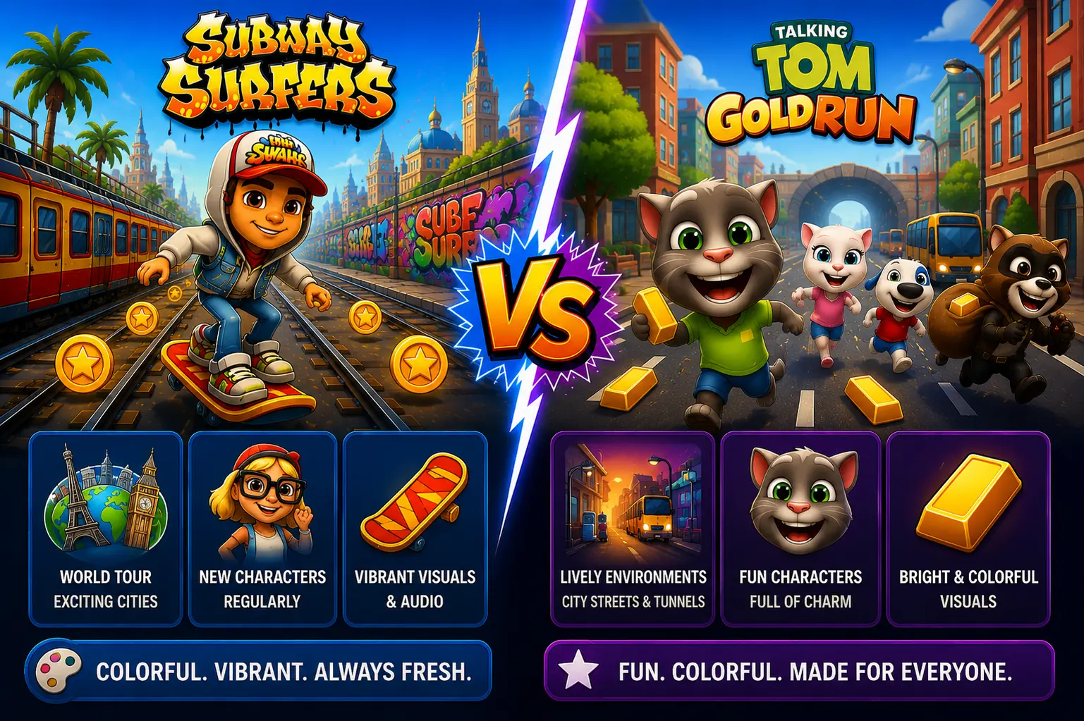 Subway Surfers vs Talking Tom Gold Run 3 Colorful graphics comparison between Subway Surfers and Talking Tom Gold Run with vibrant city visuals and cartoon-style environments.