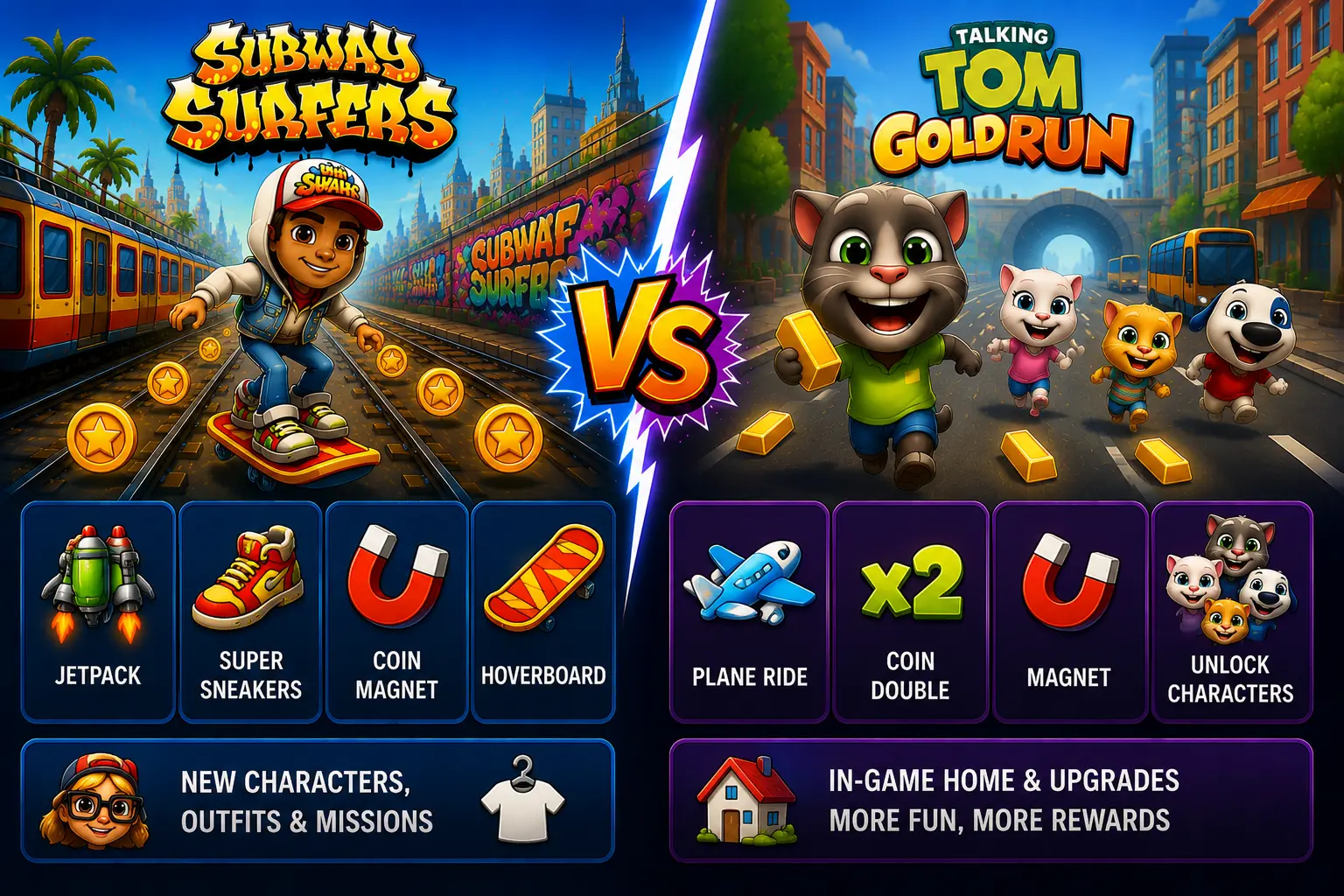 Subway Surfers vs Talking Tom Gold Run 4 Comparison of Subway Surfers and Talking Tom Gold Run power-ups including jetpack, magnet, hoverboard, plane ride, and unlockable characters.