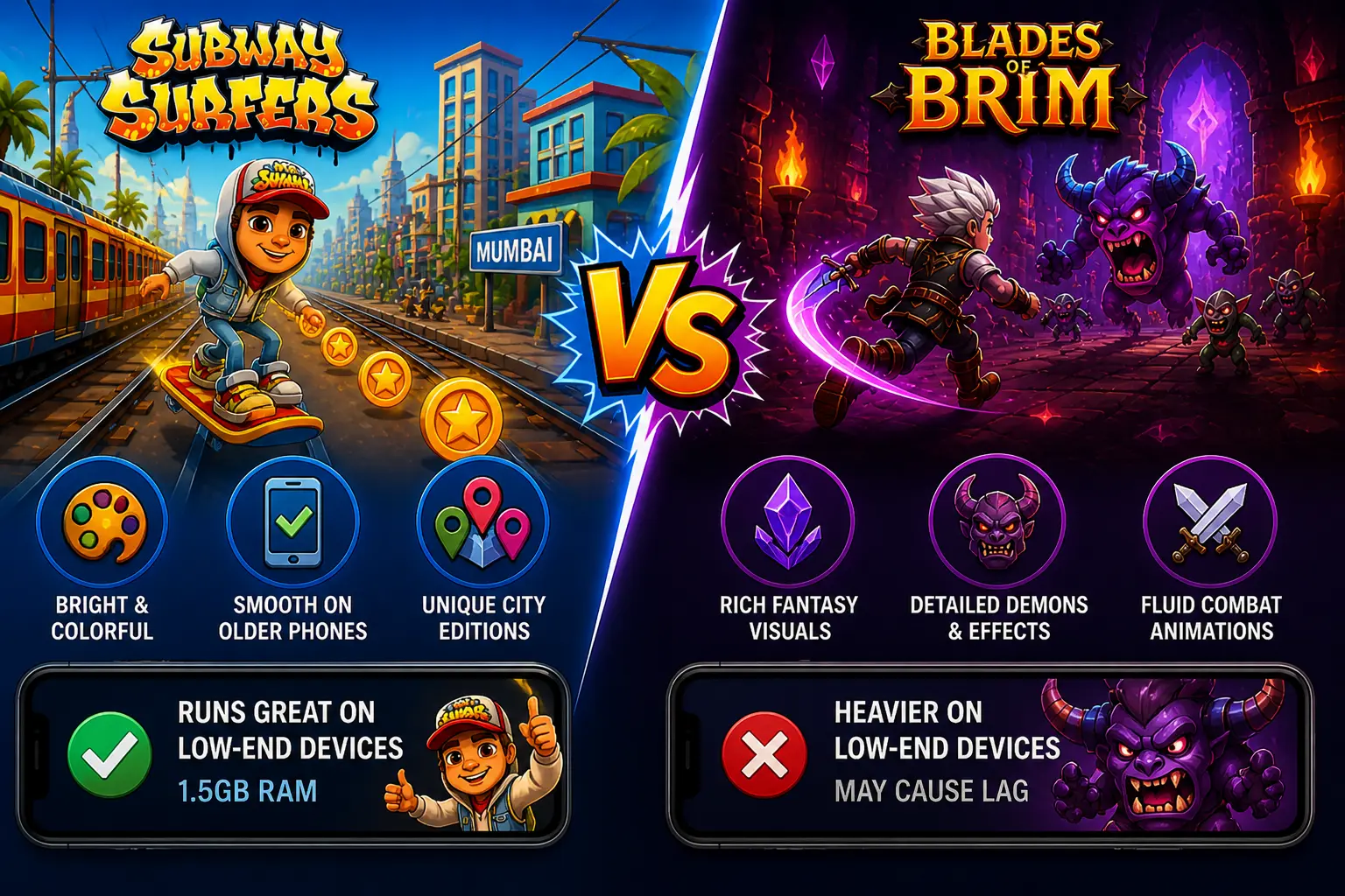 Subway Surfers vs Blades of Brim 3 Bright cartoon style Subway Surfers vs dark fantasy Blades of Brim visuals