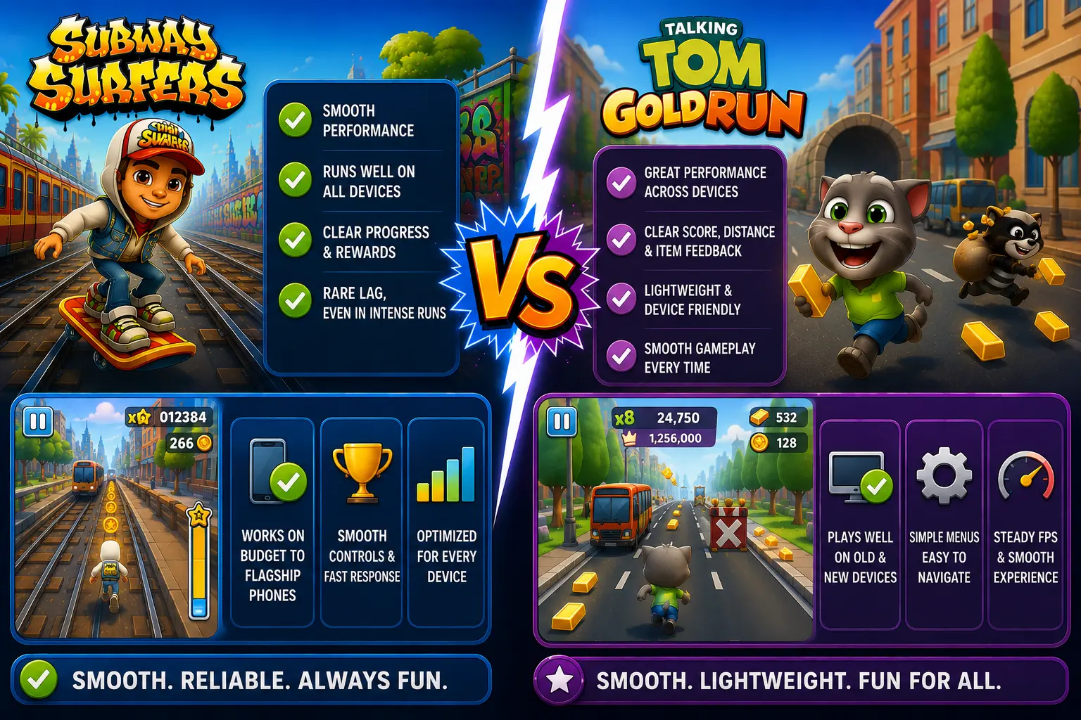 Subway Surfers vs Talking Tom Gold Run 5 Performance comparison of Subway Surfers and Talking Tom Gold Run on Android and iOS devices with smooth gameplay and optimized controls.