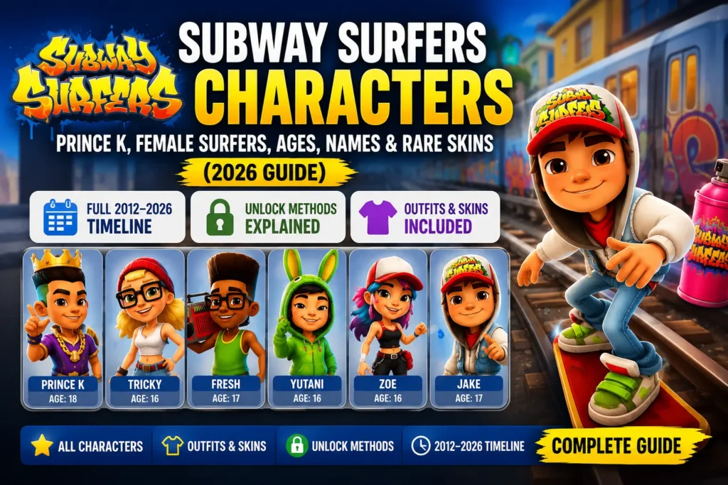 Subway Surfers characters guide featuring Jake, Tricky, Fresh, Yutani, Zoe and Prince K with character names, ages, rare skins, outfits, unlock methods, and complete 2012–2026 timeline in a colorful subway-themed design.